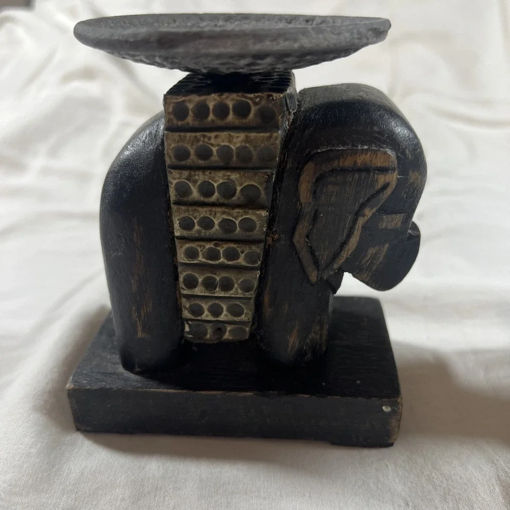 Vintage Carved‎ Wood Horse & Elephant Candle Holders Set Brass Accents Folk Art